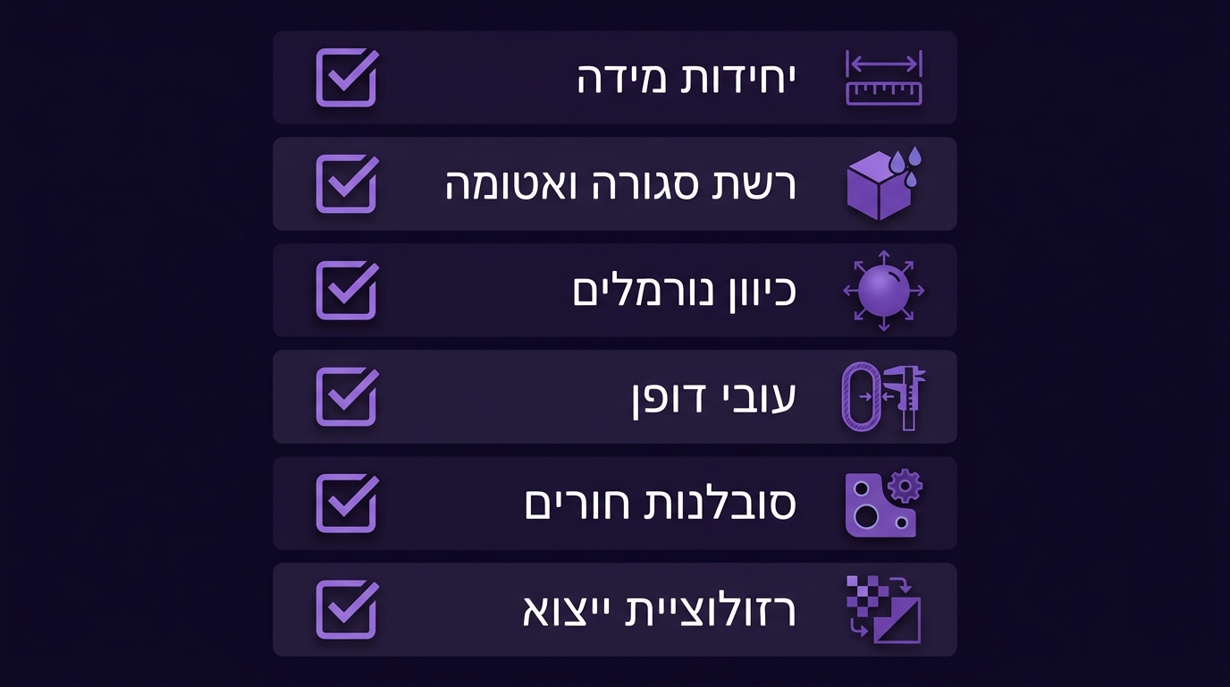 צ'קליסט שלבי בדיקה להכנת קובץ תלת מימד לפני שליחה להדפסה תעשייתית