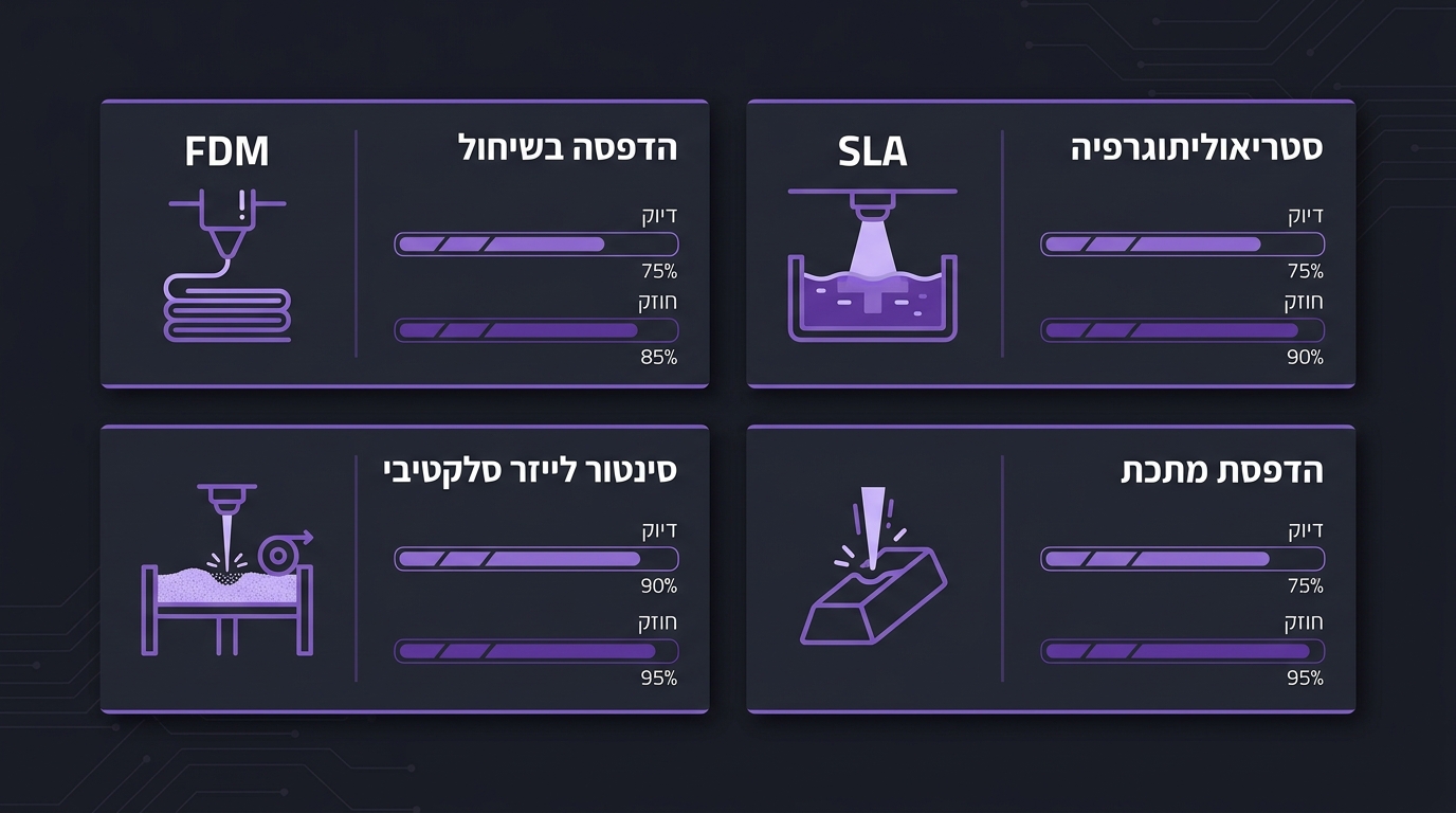 השוואה בין חלקים שהודפסו בטכנולוגיות שונות - FDM, SLA, SLS והדפסת מתכת