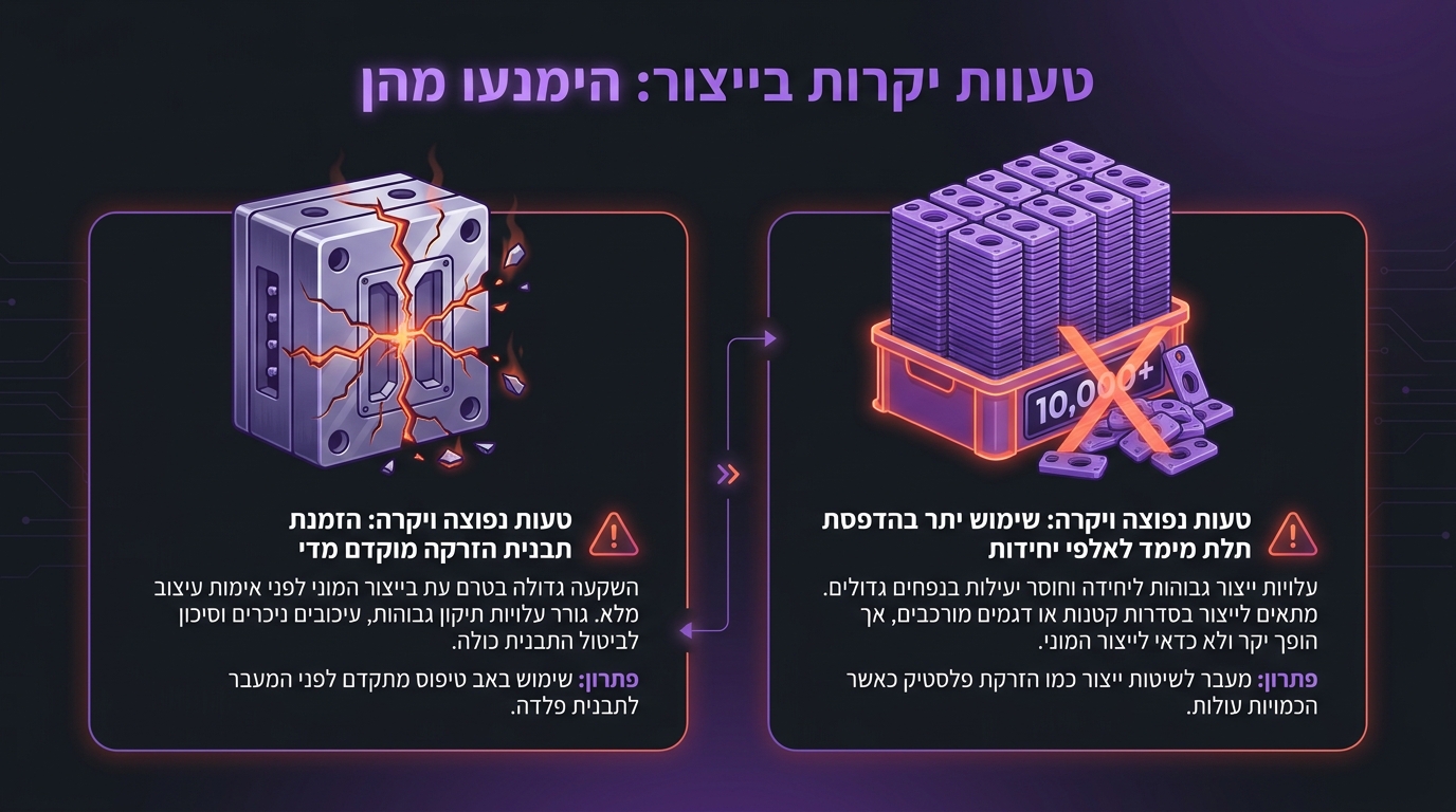 המחשה של נקודת ההחלטה שבה טעות בבחירת שיטת ייצור עולה הכי הרבה כסף