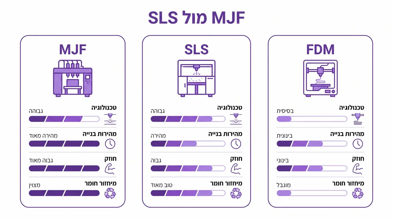 השוואה בין טכנולוגיות ההדפסה MJF, SLS ו-FDM